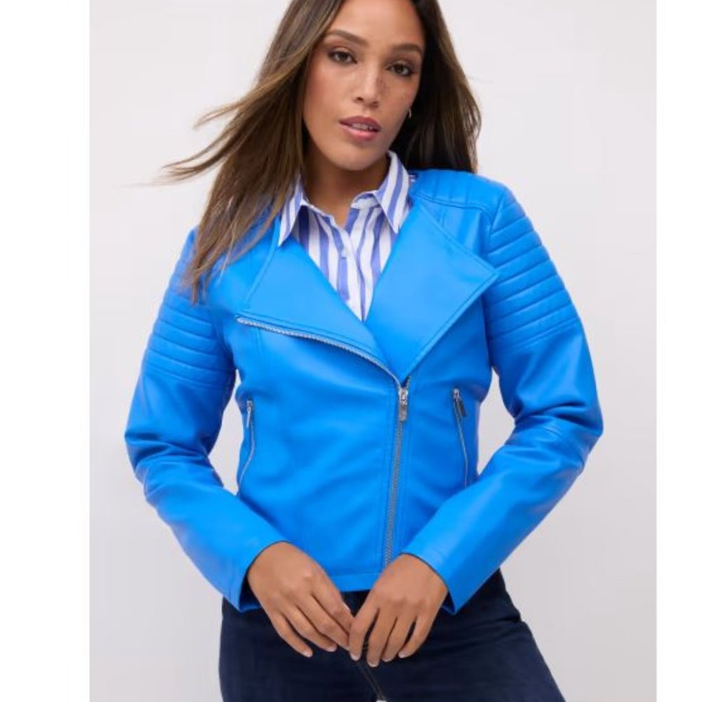 NWT Faux Leather Trapunto Quilted Collarless Jacket